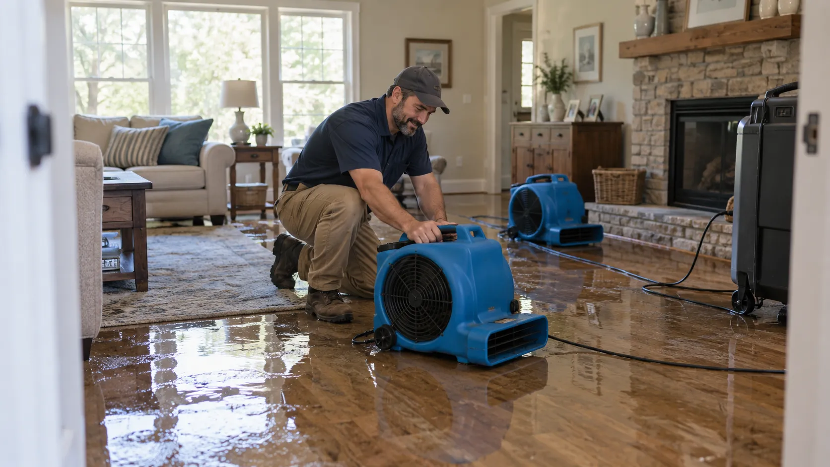 Water damage restoration technician drying a flooded living room in Atlanta